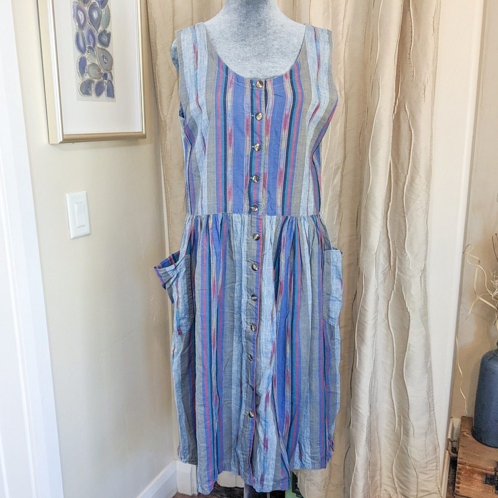 Vintage Cotton Striped Ikat Midi Dress Small Sleeveless Button Front Boho Indian